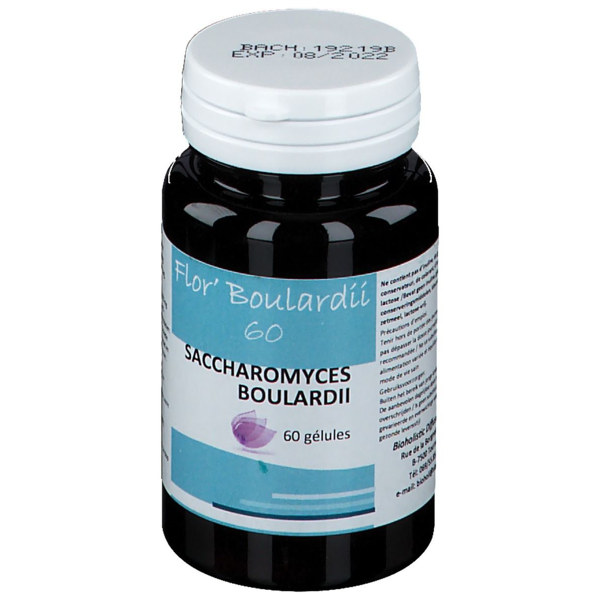 Flacon foncé avec bouchon blanc. Inscription: Flor' Boulardii 60, Saccharomyces boulardii, 60 gélules. Date de péremption.
