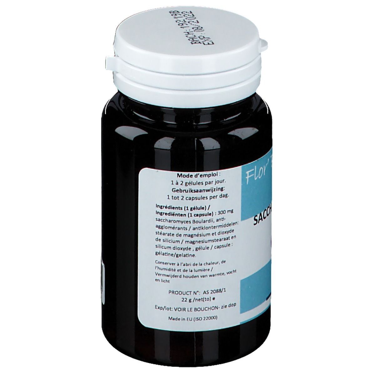 Flacon foncé avec bouchon blanc. Inscription: Flor' Boulardii 60, Saccharomyces boulardii, 60 gélules. Mode d'emploi.