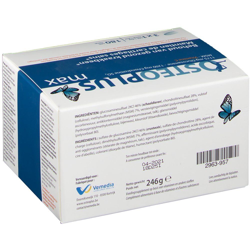 Boîte Osteoplus Max. Dos avec informations sur les ingrédients et la valeur nutritionnelle. Contient 246g.