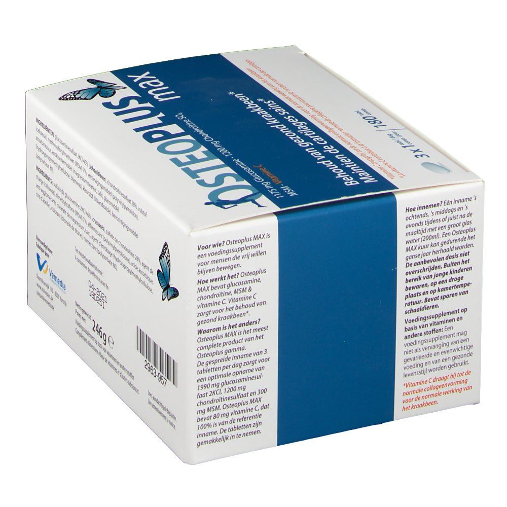 Boîte Osteoplus Max. Contient des informations sur l'utilisation et les ingrédients. Emballage bleu et blanc.