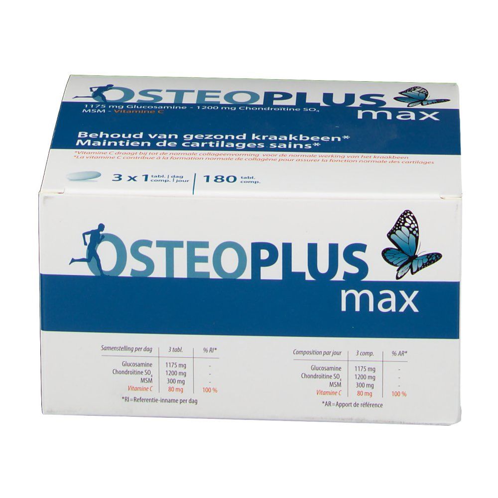 Boîte Osteoplus Max. Contient 180 comprimés. Emballage bleu et blanc avec nom du produit et informations.