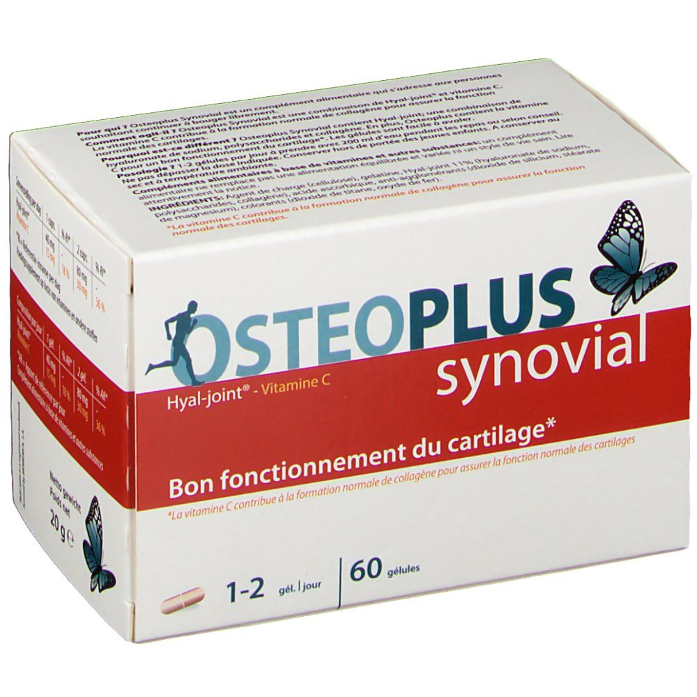 Boîte Osteoplus Synovial avec 60 gélules. Emballage blanc et rouge avec nom du produit et logo papillon.