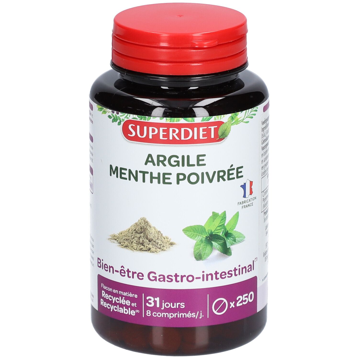 Argile Verte Montmorillonite et Menthe Poivrée, 250 comprimés