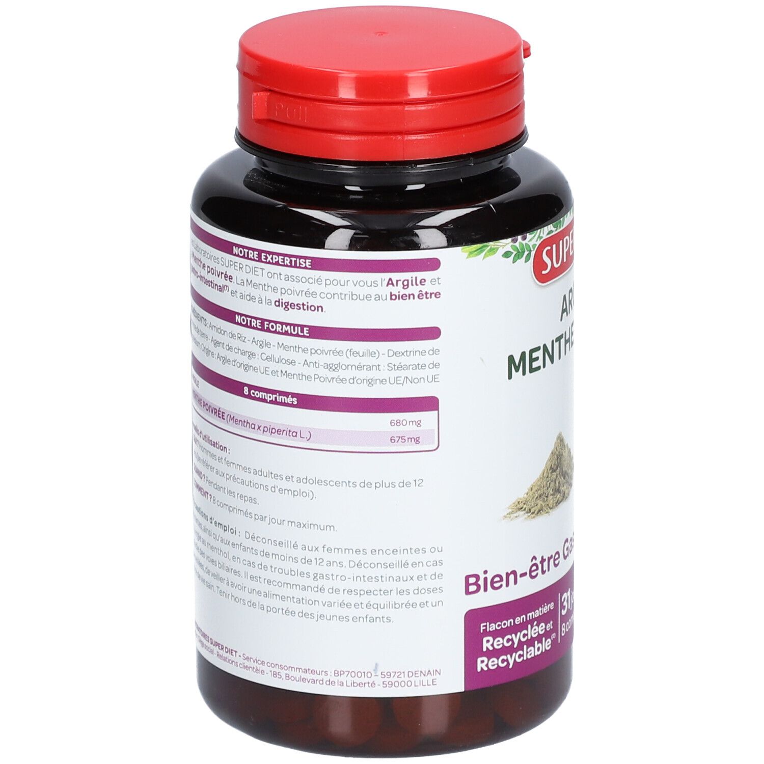 Flacon rond noir, couvercle rouge. Dos avec texte. Inscription: SUPER DIET Argile Menthe poivrée. 31 jours.