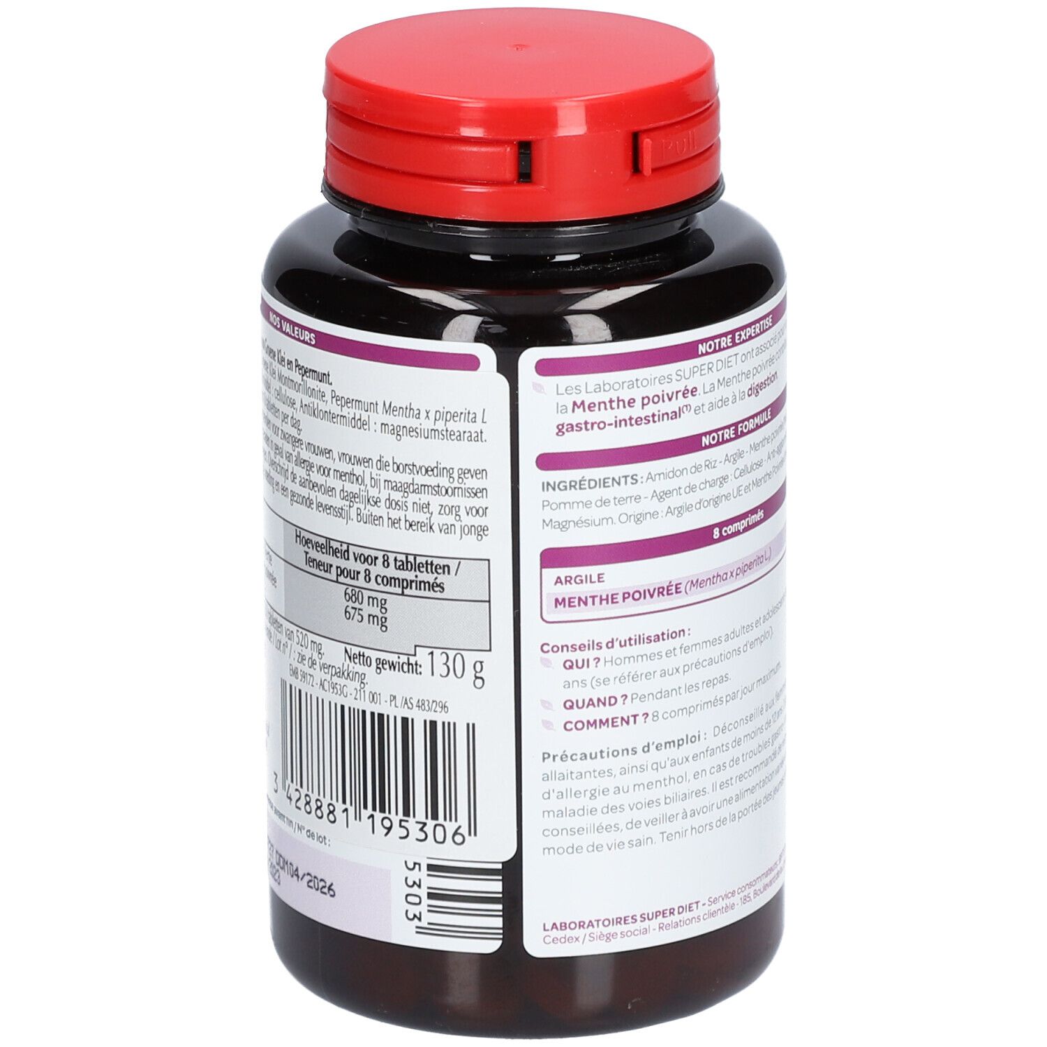 Flacon rond noir, couvercle rouge. Dos avec texte. Inscription: SUPER DIET Argile Menthe poivrée. 31 jours.