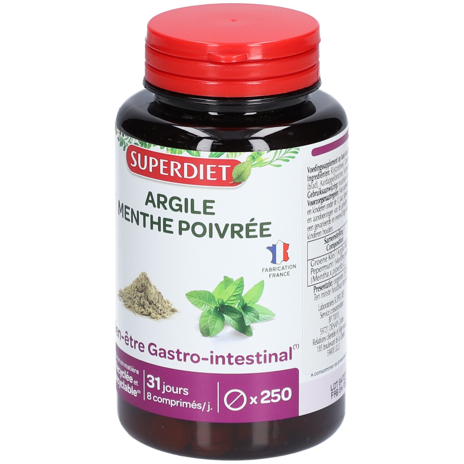 Flacon rond noir, couvercle rouge. Inscription: SUPER DIET Argile Menthe poivrée. 250 comprimés. 31 jours.