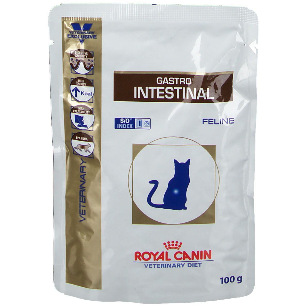 Sachet "Gastro Intestinal Feline". Logo: chat. Inscription "ROYAL CANIN". 100 g.
