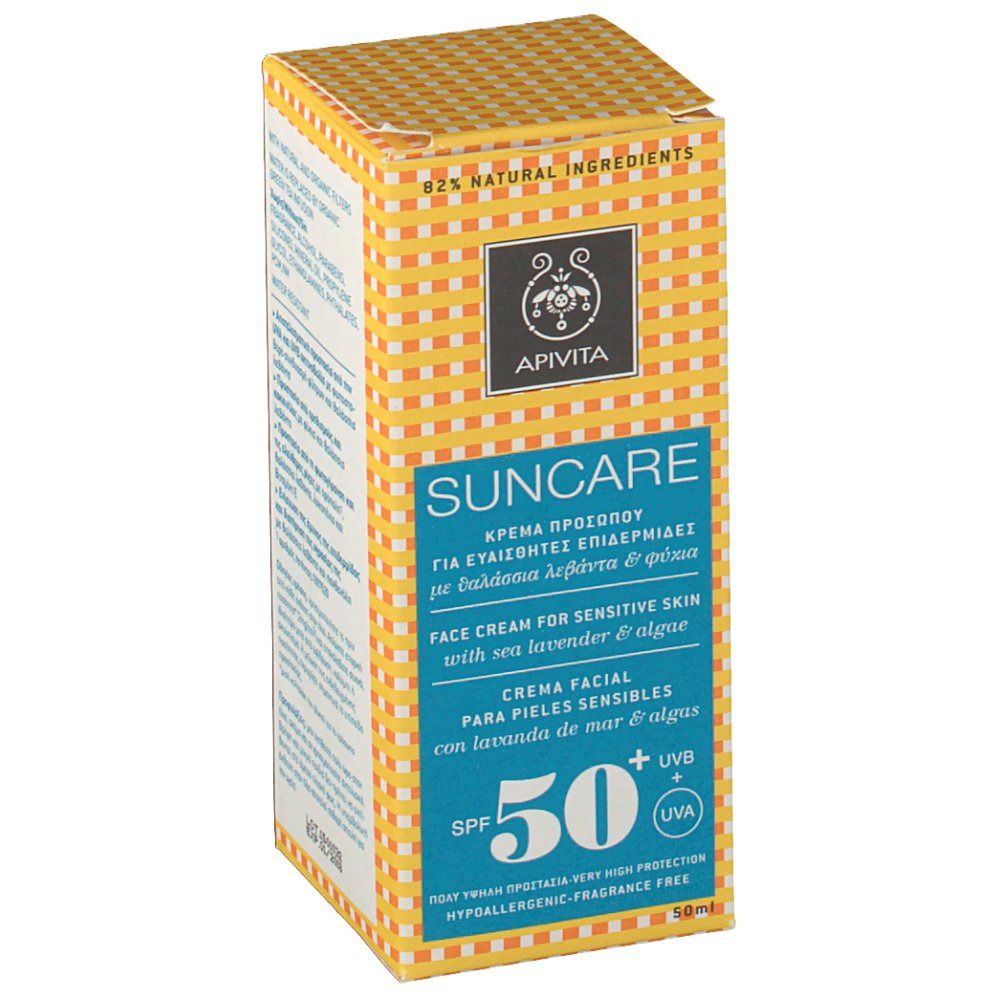Boîte de crème solaire Apivita Sun Visage SPF 50. Design jaune et blanc avec informations produit.