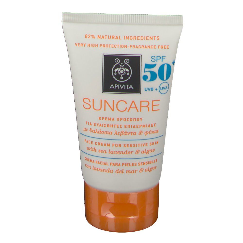 Tube de crème solaire Apivita Sun Visage SPF 50. Blanc avec bouchon orange. Informations produit.
