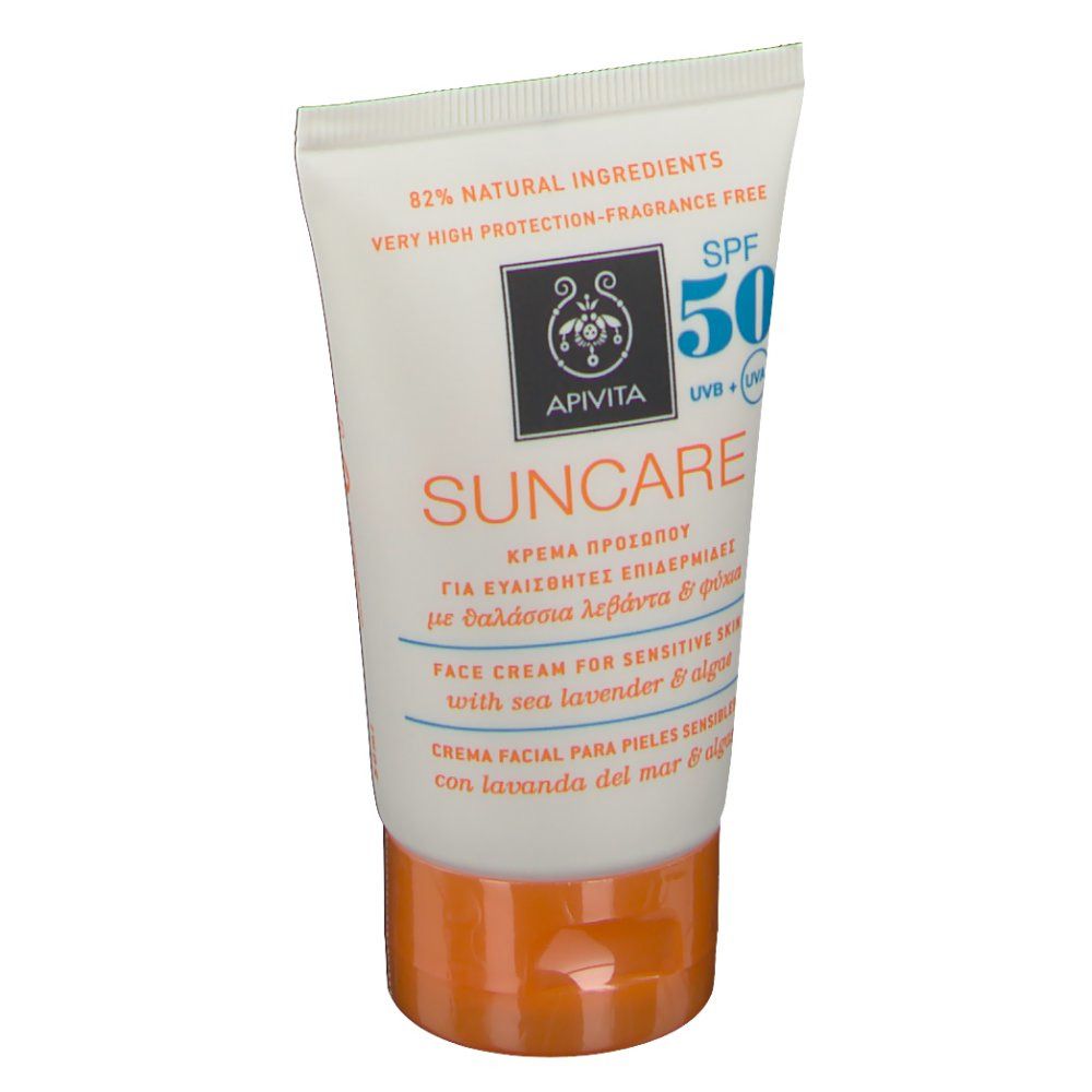Tube de crème solaire Apivita Sun Visage SPF 50. Blanc avec bouchon orange. Informations produit.