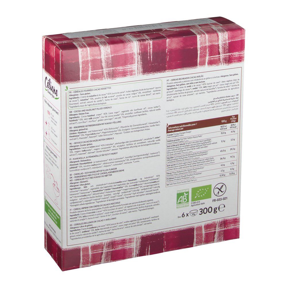 Celiane Céréales bio fourées cacao/noisette sans gluten