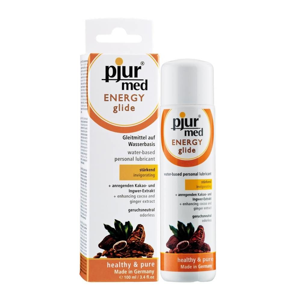 Pjur med Energy Glide. Flacon et emballage. Inscription : lubrifiant, à base d'eau, stimulant, extrait de cacao et de gingembre. Fabriqué en Allemagne.