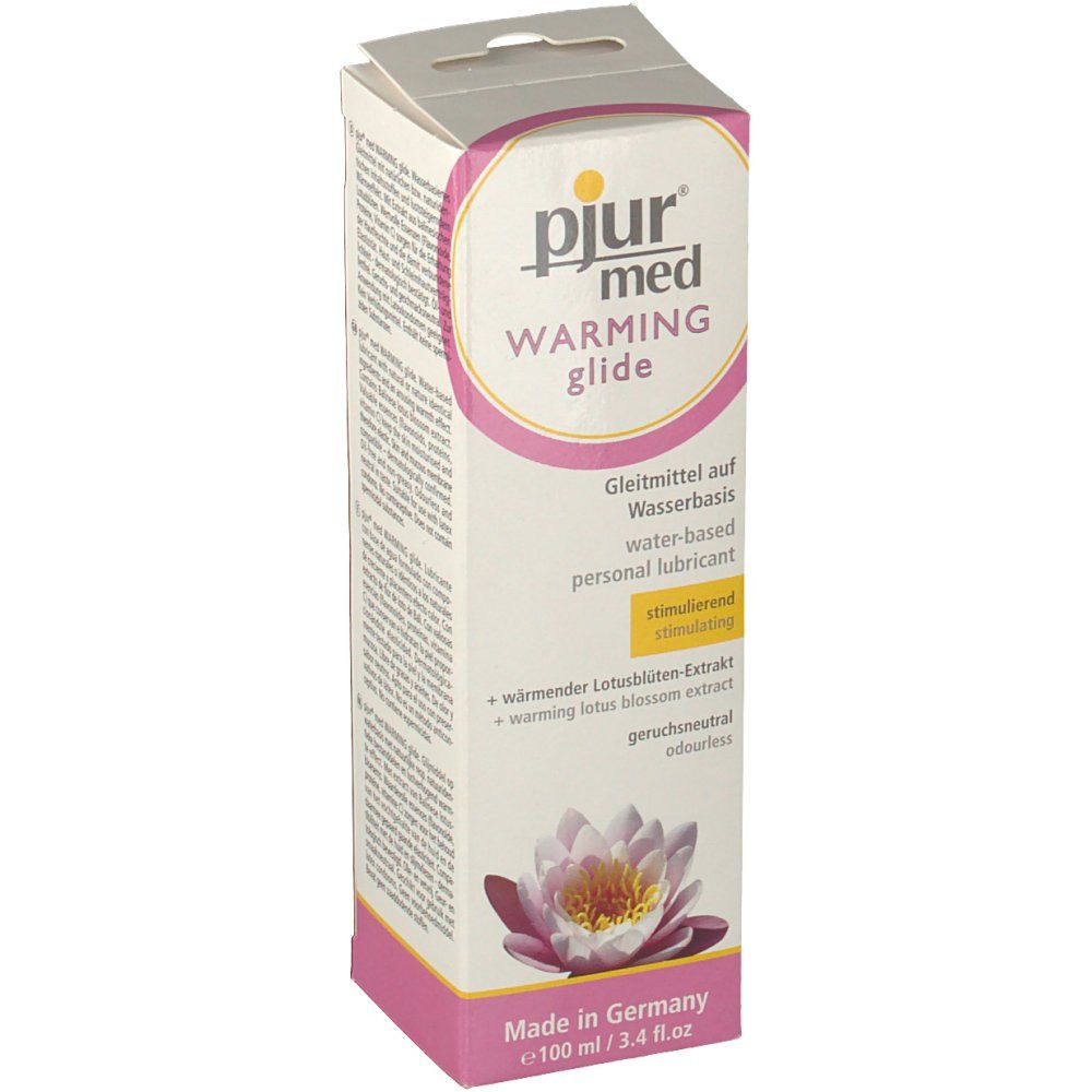 Boîte avec impression du produit. Inscription : pjur med, Warming Glide. Contient de l'extrait de fleur de lotus. 100 ml.