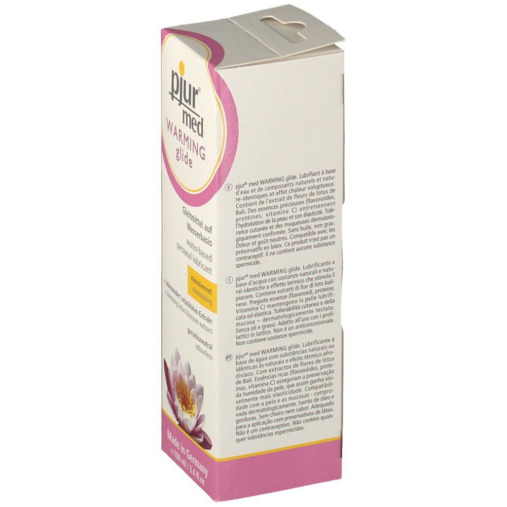 Emballage du produit, vue latérale. Inscription : pjur med, Warming Glide. Texte en allemand, anglais, français et italien.