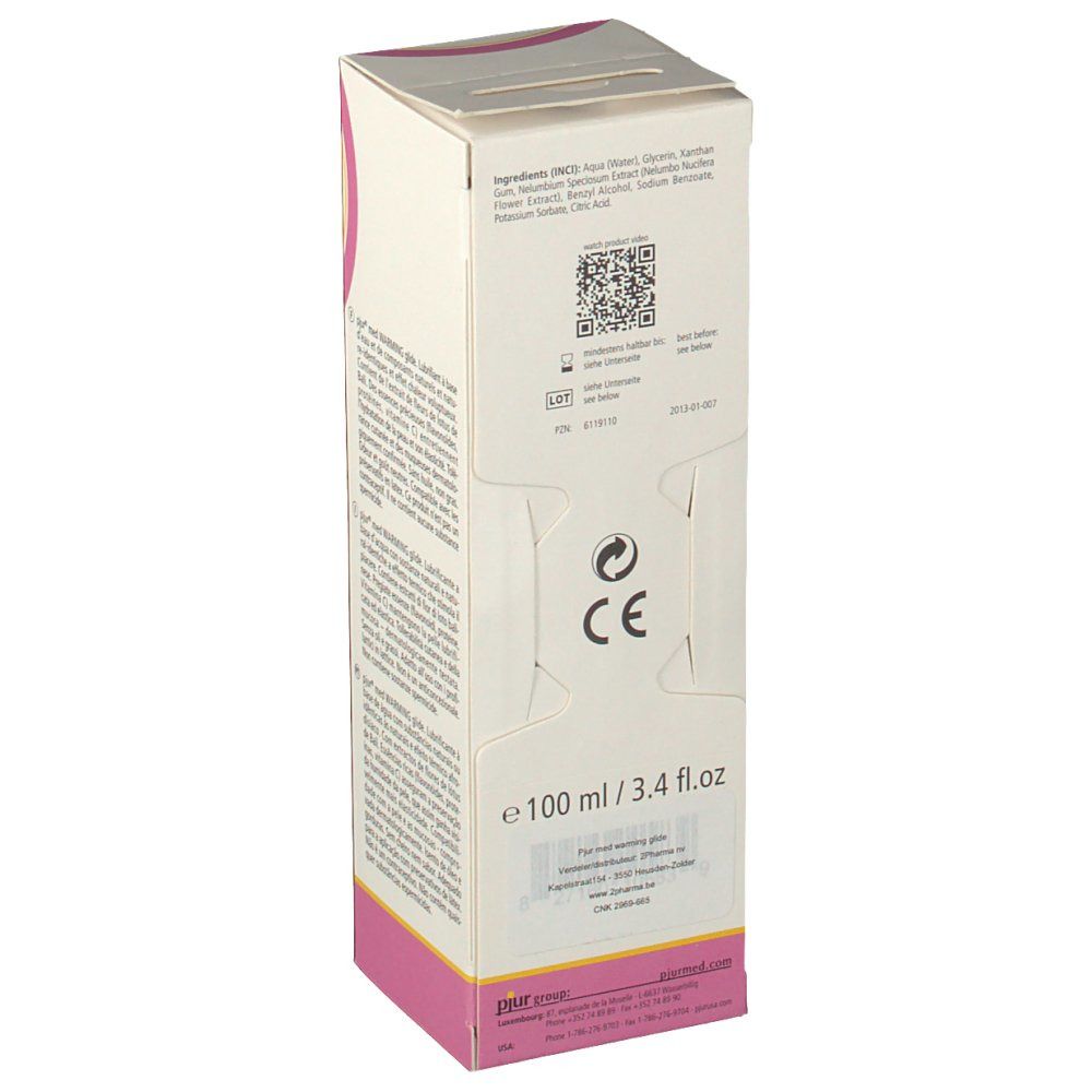 Dos de l'emballage du produit. Inscription : ingrédients, code QR, marquage CE, 100 ml. Fabriqué en Allemagne.