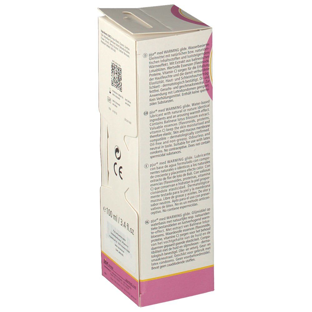 Emballage du produit, vue latérale. Texte en allemand, anglais, français et italien. Marquage CE, 100 ml.