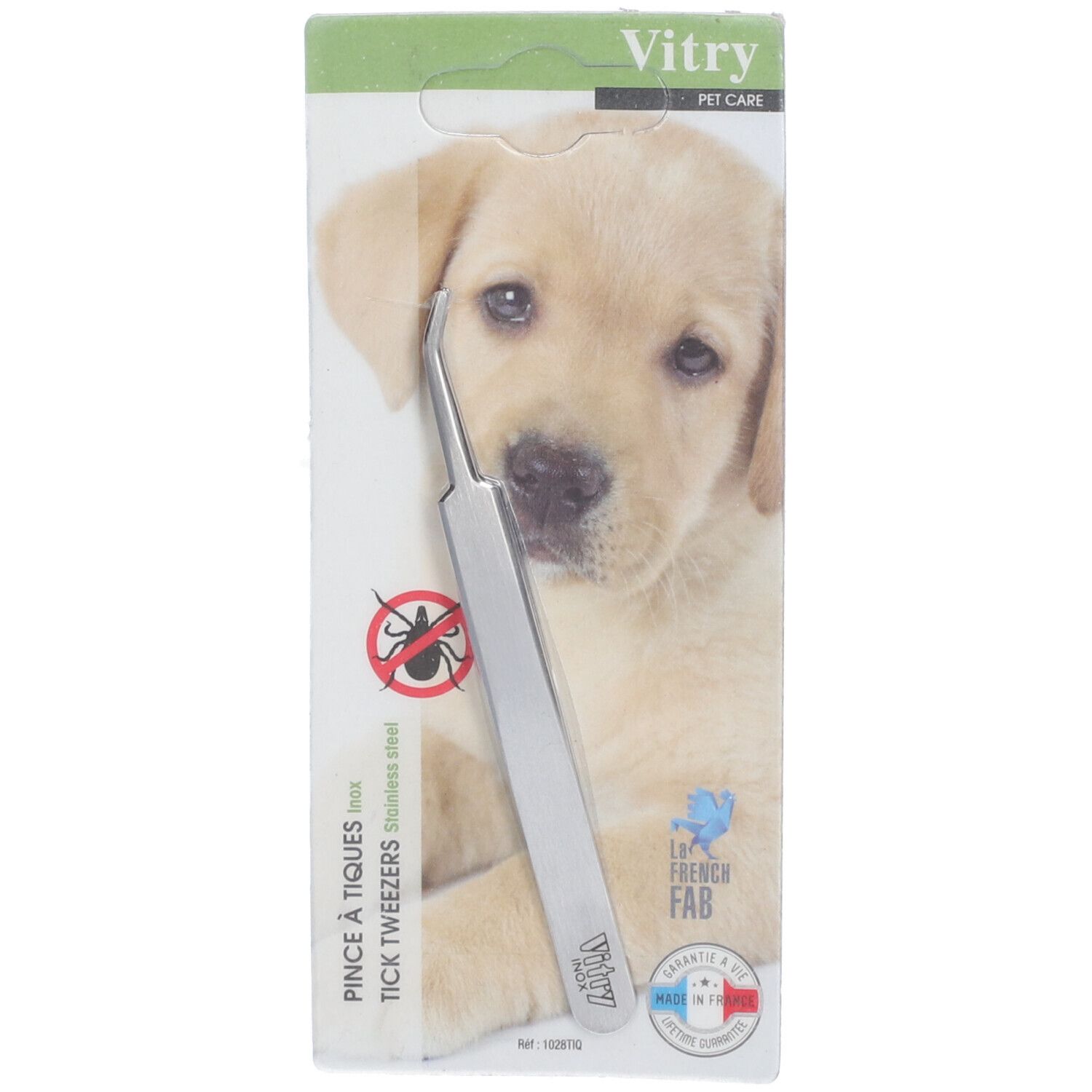 Pince à tiques en acier inoxydable. Emballage avec logo Vitry, texte "Pince à Tiques" et image de chiot.