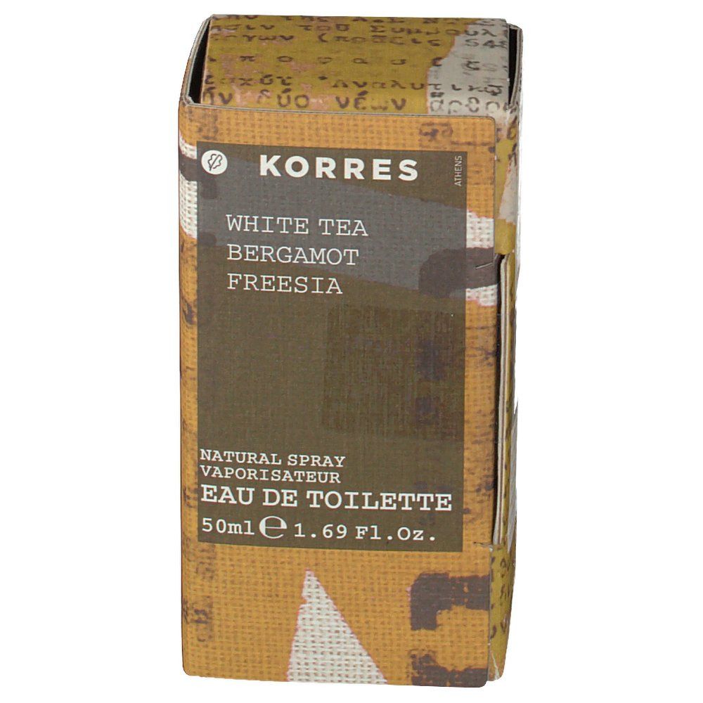 KORRES Eau de toilette White Tea. Emballage en carton. Inscription : White Tea, Bergamote, Freesia. Natural Spray, Eau de Toilette.