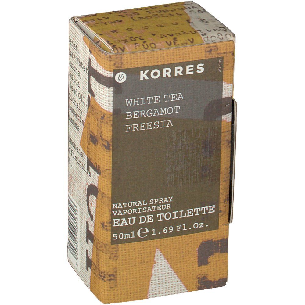 KORRES Eau de toilette White Tea. Emballage en carton. Inscription : White Tea, Bergamote, Freesia. Natural Spray, Eau de Toilette.