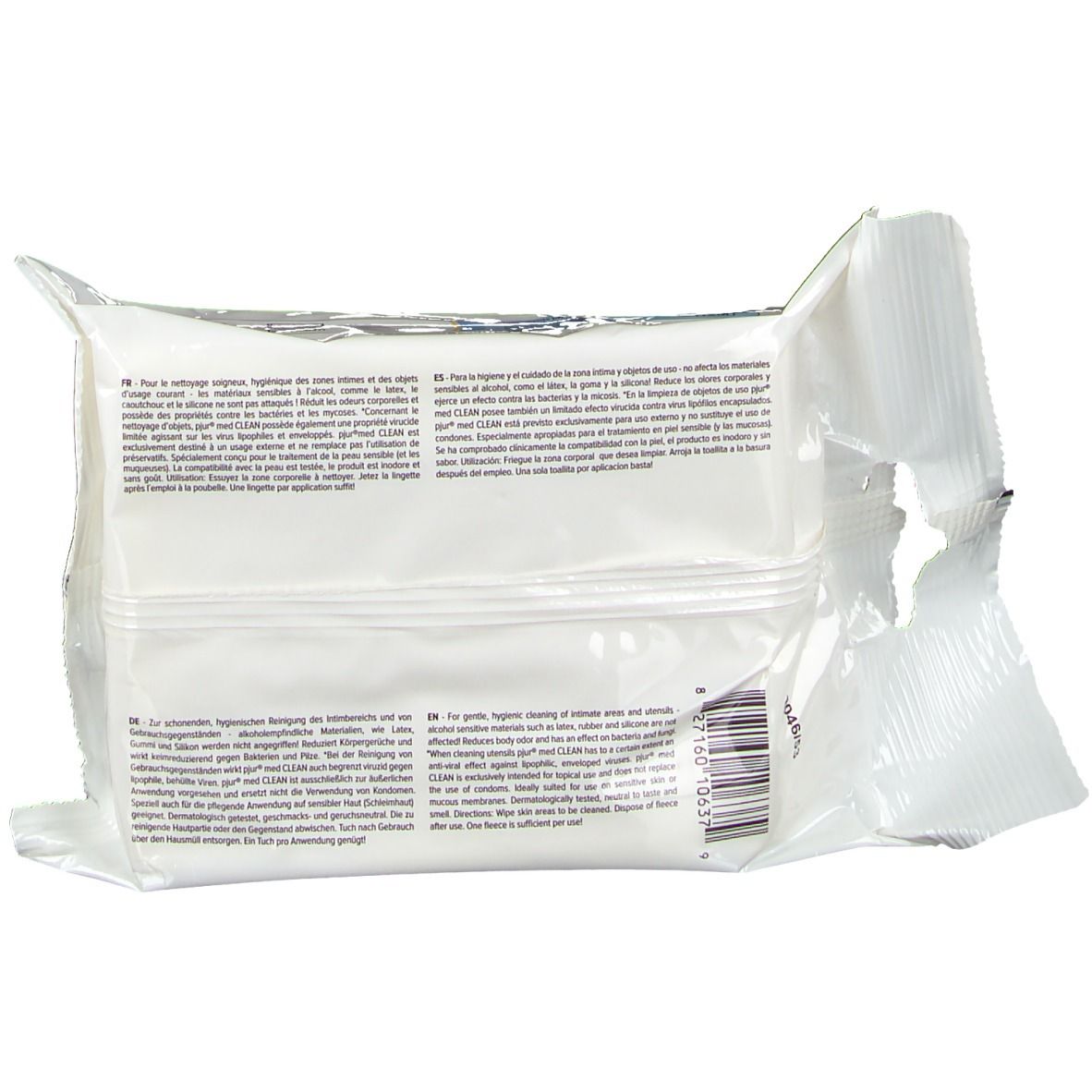 Dos du paquet avec texte. Informations imprimées et code-barres.