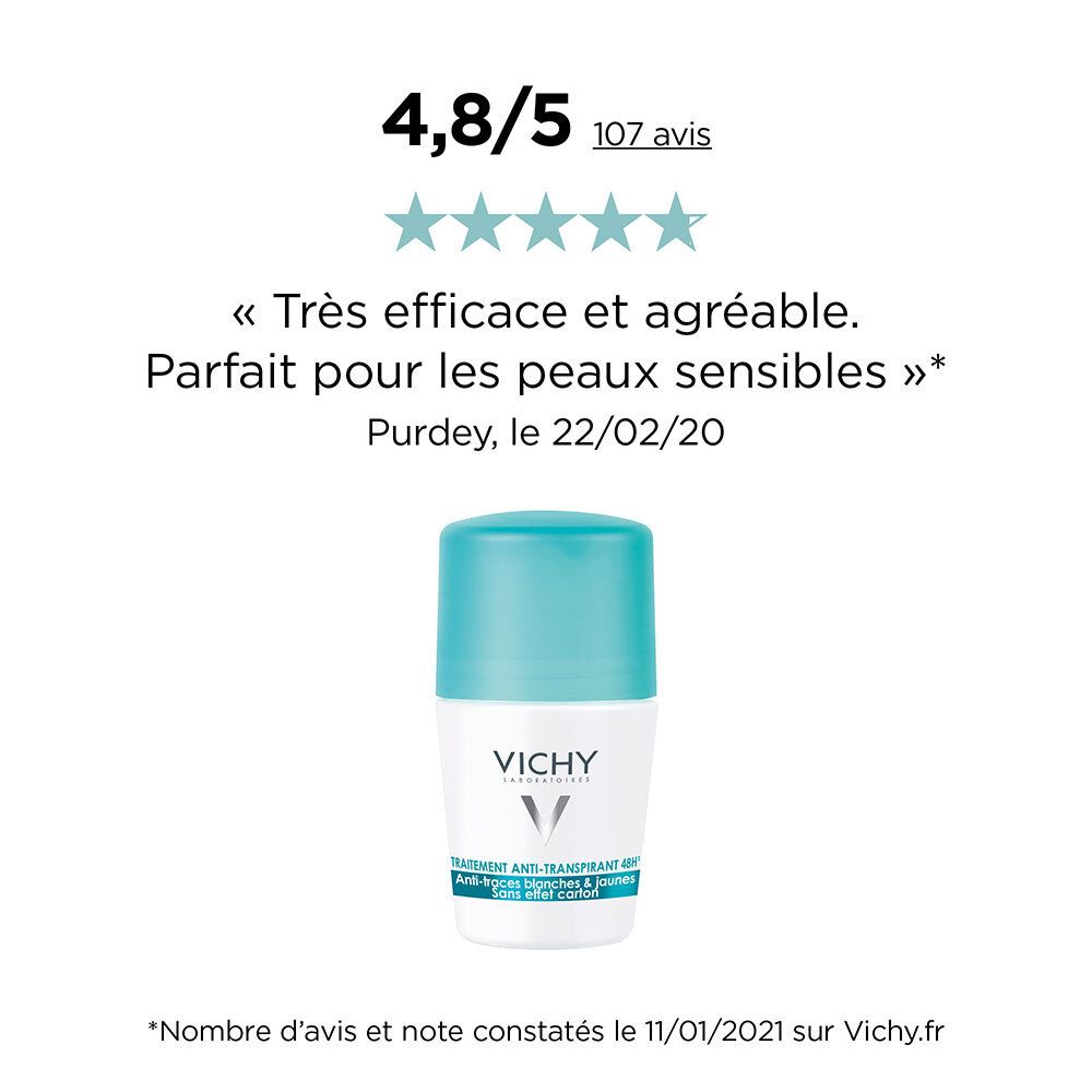 VICHY Bille Anti-Transpirant 48H, Anti-Traces Jaune Et Blanches, Sans Effet Carton