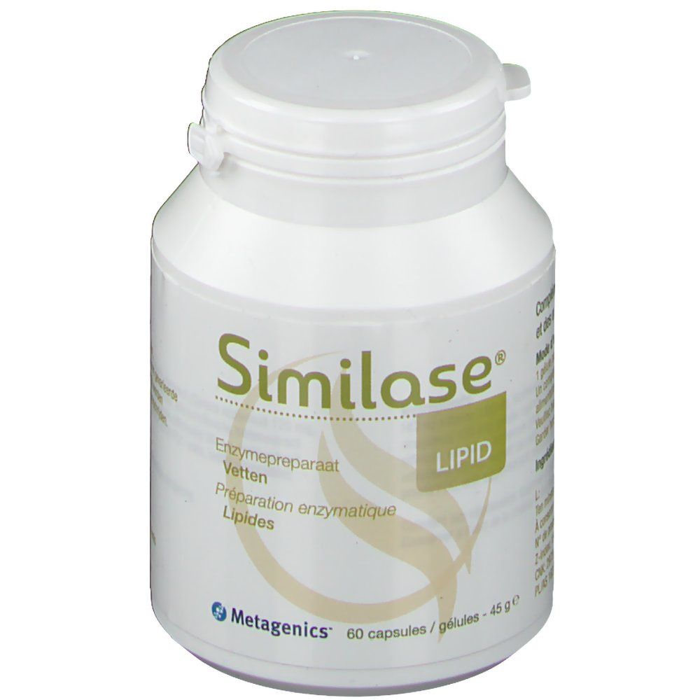 Flacon blanc "Similase Lipid". Contient 60 gélules. Logo Metagenics en bas. Préparation enzymatique.