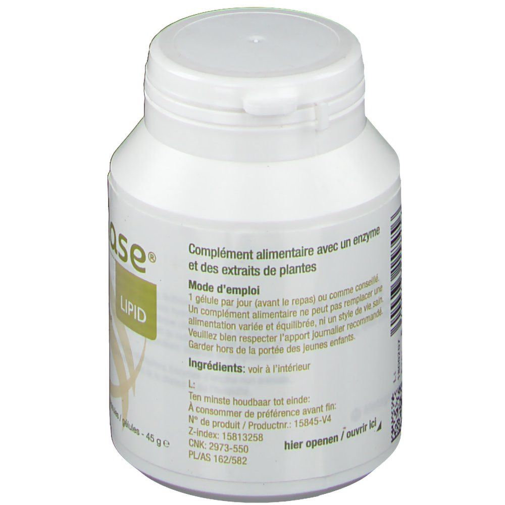 Dos du flacon blanc. Texte sur complément alimentaire avec enzymes et extraits de plantes. Ingrédients et mode d'emploi.