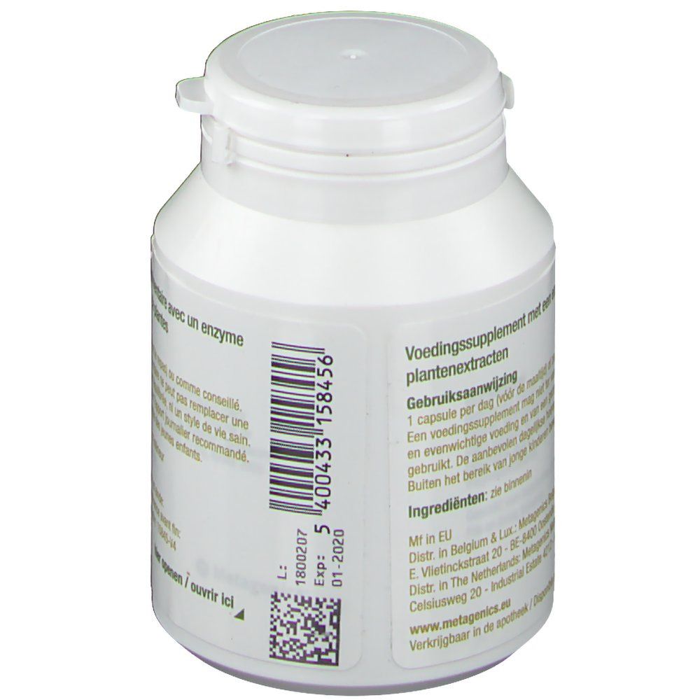 Dos du flacon blanc. Code-barres et date de péremption. Texte sur complément alimentaire avec enzymes et extraits de plantes.