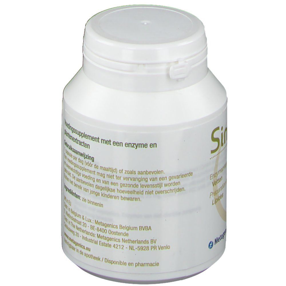 Flacon blanc avec texte sur complément alimentaire avec enzymes et extraits de plantes. Inscription "Similase Lipid".