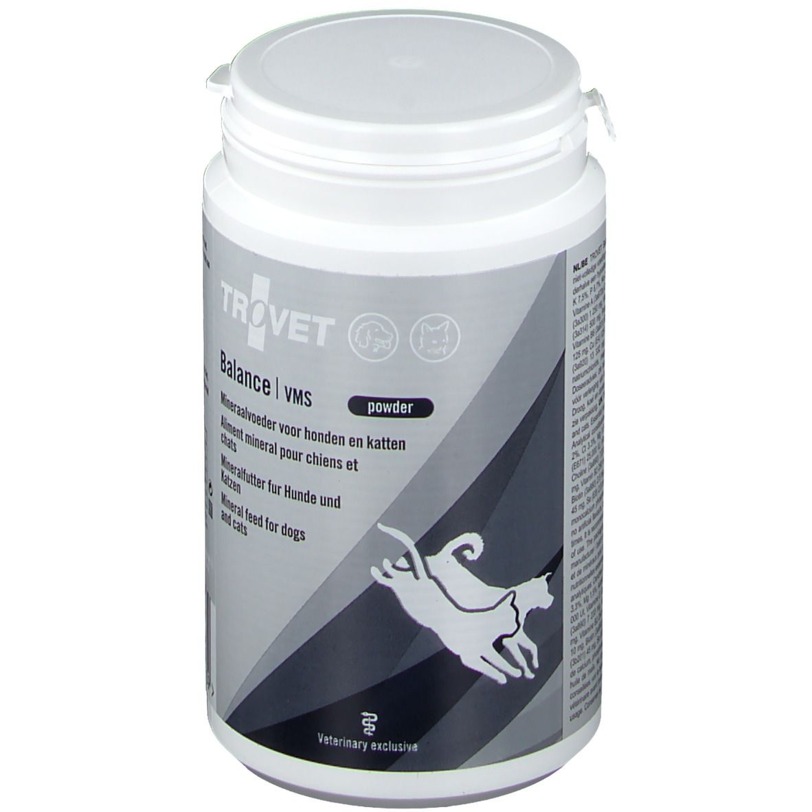 Boîte blanche "Trovet Balance VMS powder". Aliment minéral pour chiens et chats. Logo chien et chat.