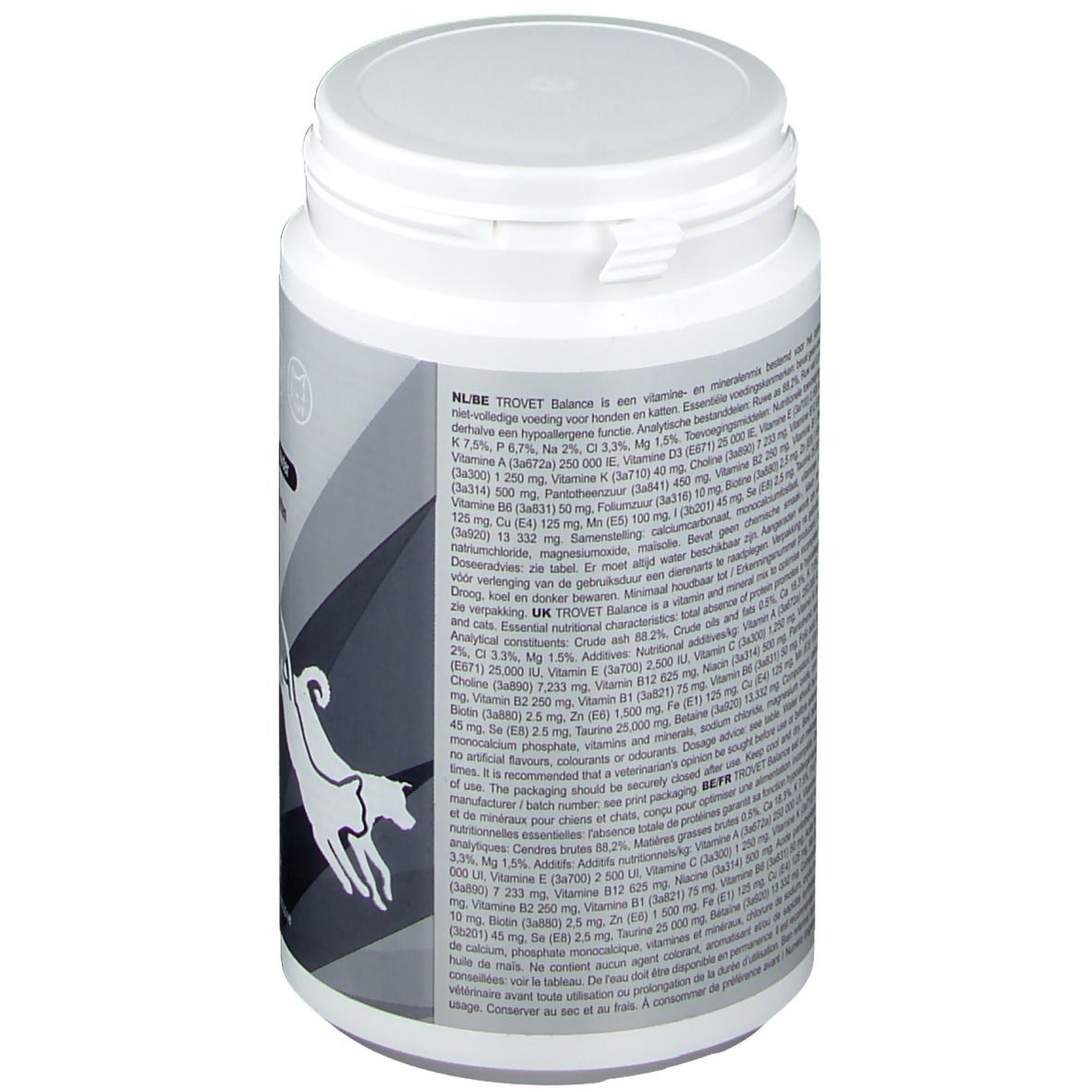 Boîte blanche avec texte. Contient des informations sur les ingrédients et la valeur nutritionnelle. Logo chien et chat.