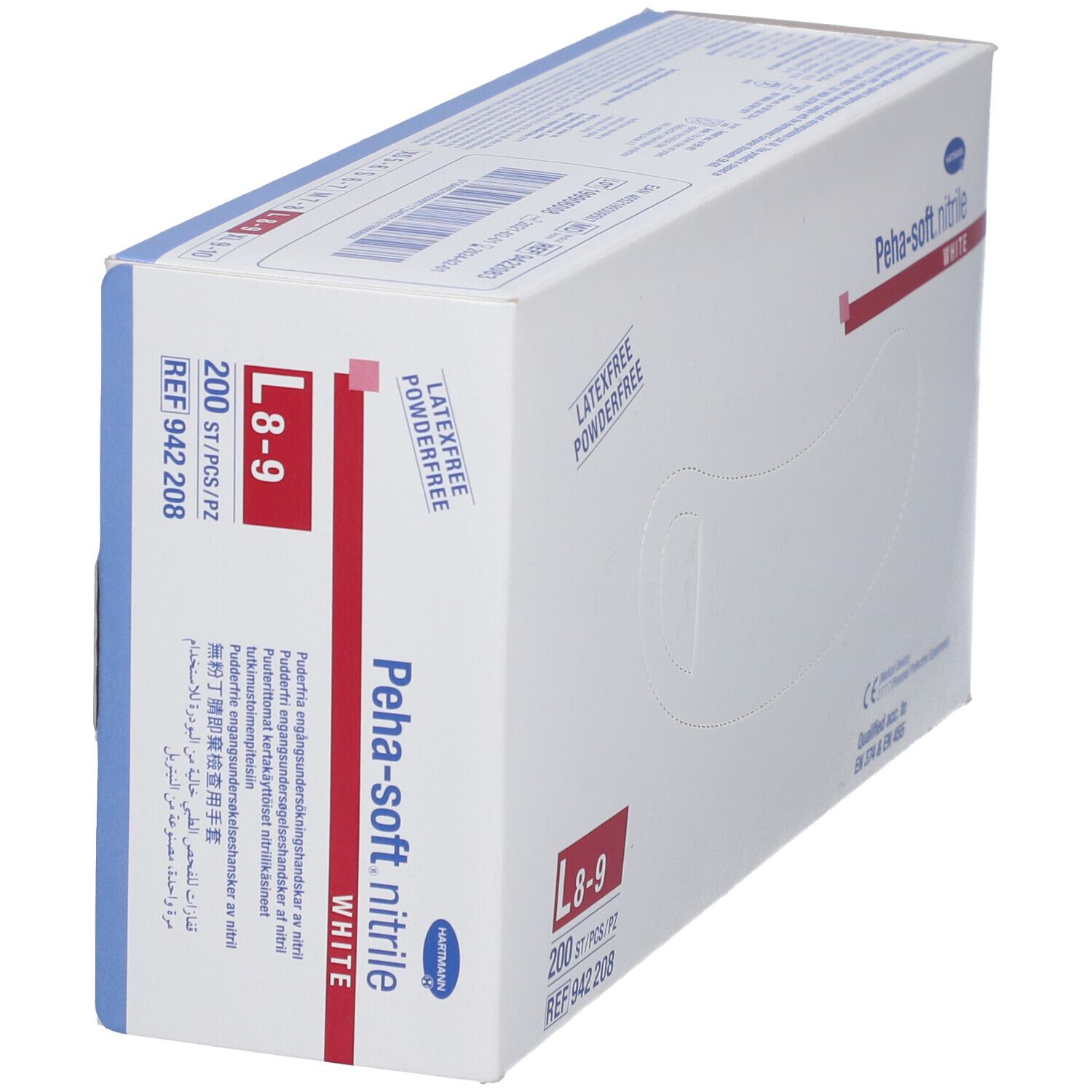 Boîte de gants Peha-soft nitrile. Taille L 8-9, 200 pièces. Sans latex et sans poudre. Marquage CE.