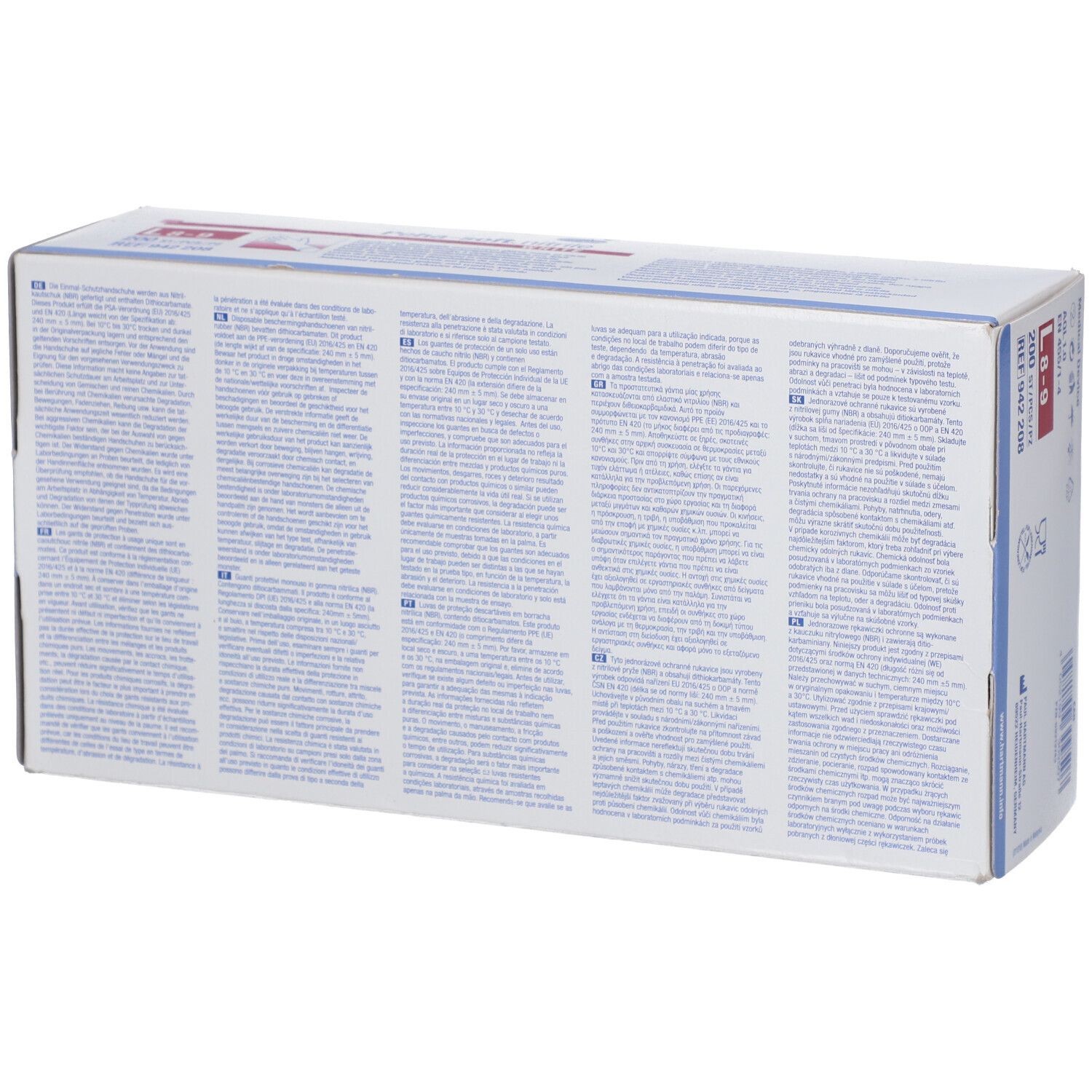 Dos de la boîte avec texte. Contient des informations sur les gants Peha-soft nitrile. Texte multilingue.