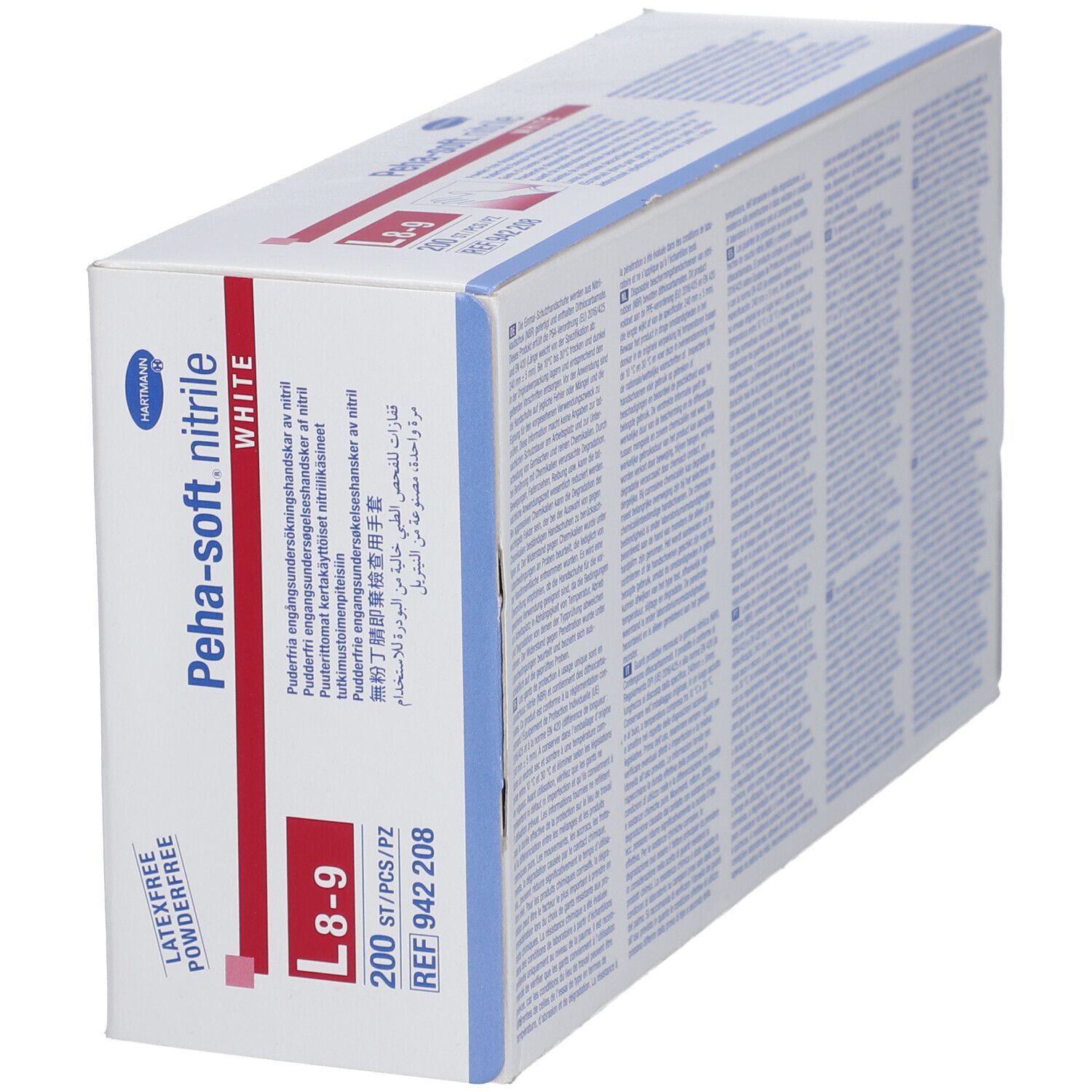 Boîte de gants Peha-soft nitrile. Taille L 8-9, 200 pièces. Sans latex et sans poudre. Marquage CE.