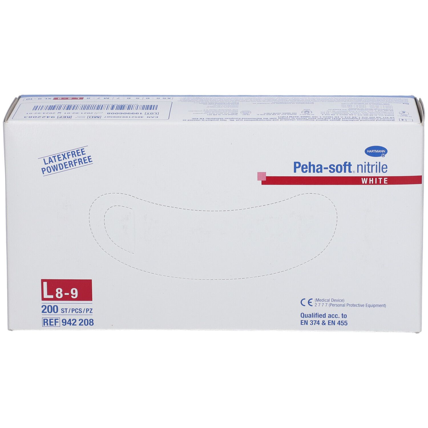 Boîte blanche de gants Peha-soft nitrile. Taille L 8-9, 200 pièces. Sans latex et sans poudre. Marquage CE.