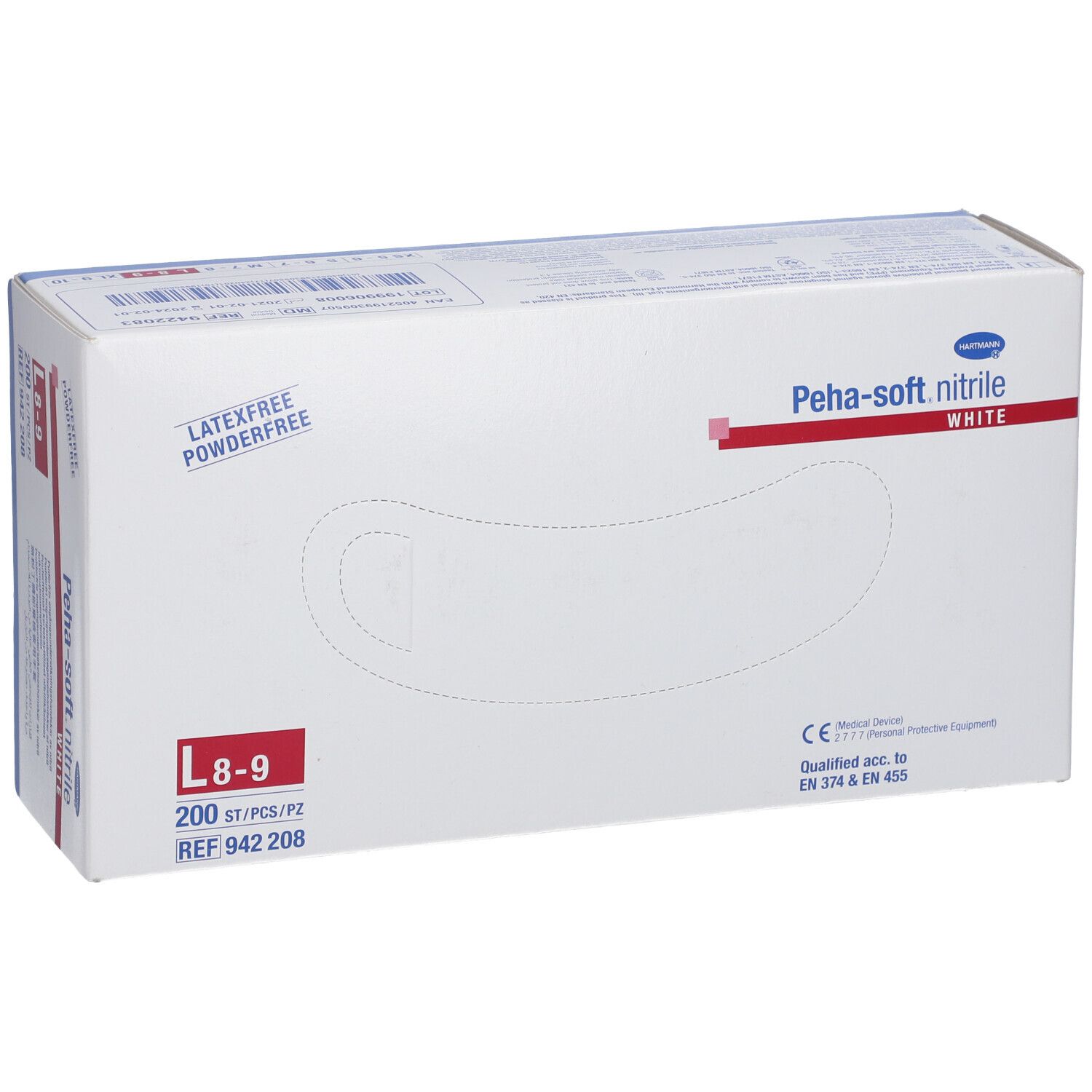 Boîte blanche de gants Peha-soft nitrile. Taille L 8-9, 200 pièces. Sans latex et sans poudre. Marquage CE.