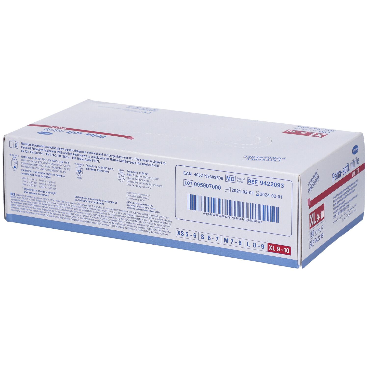 Dos de l'emballage des gants Peha-soft nitrile. Taille XL 9-10. Informations et numéro de lot.