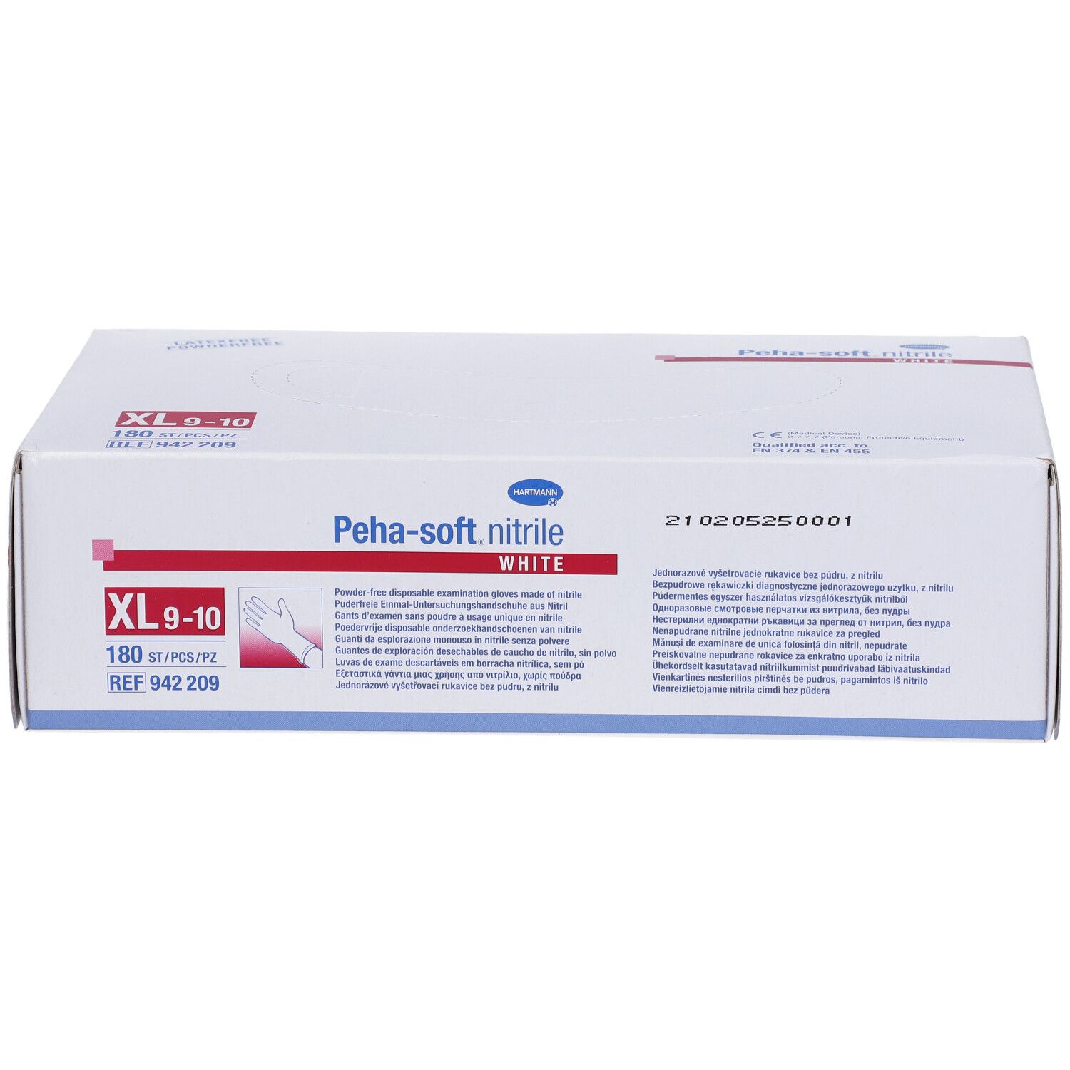 Boîte de gants Peha-soft nitrile, taille XL 9-10. 180 pièces. Blanc. Sans poudre. Non stérile.