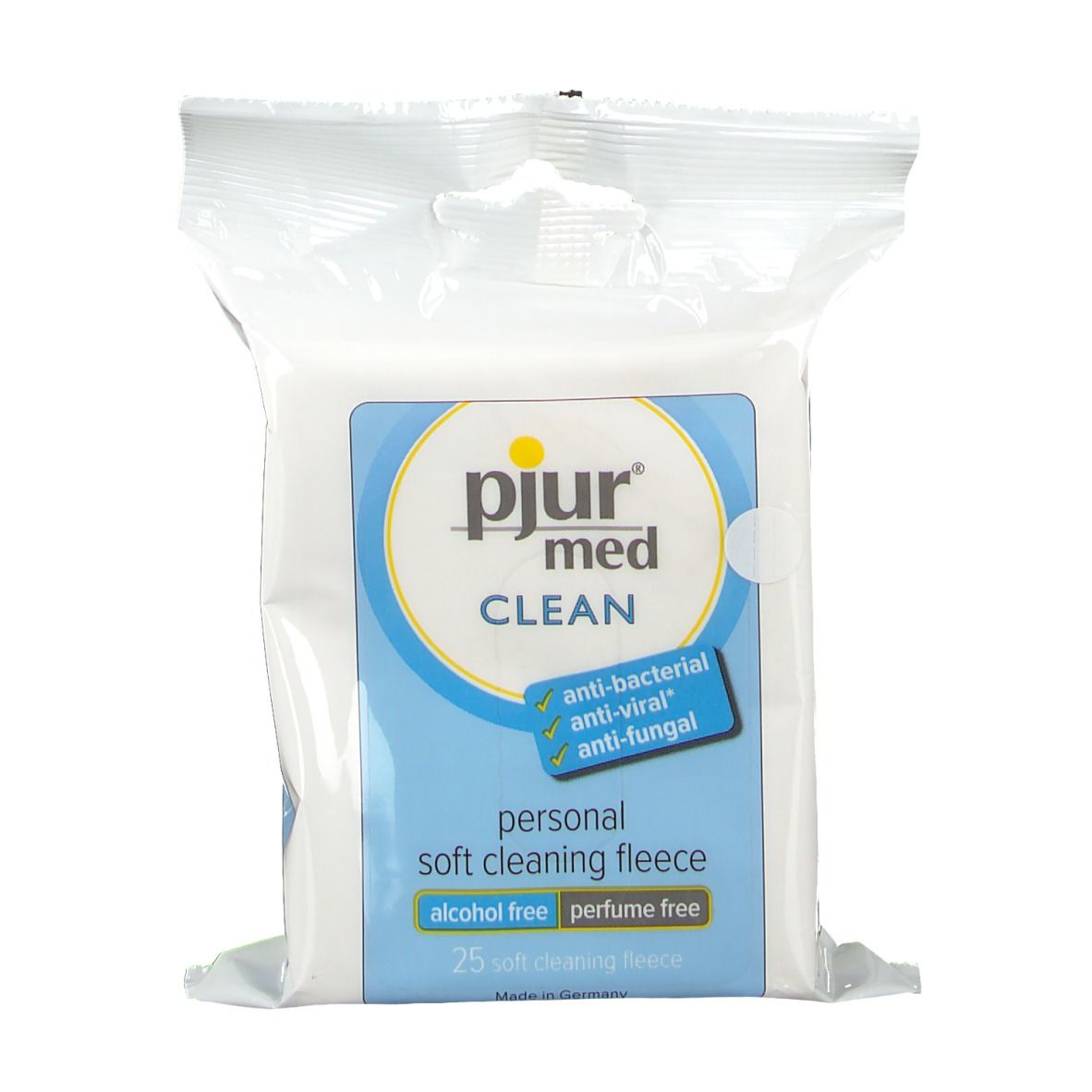 Paquet de lingettes nettoyantes. Inscription: pjur med CLEAN, anti-bactérien, anti-viral, anti-fongique, sans alcool, sans parfum.