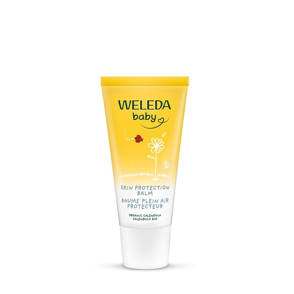Tube jaune à bouchon blanc. Inscription: WELEDA baby, Baume protecteur, Calendula. Illustration du produit.