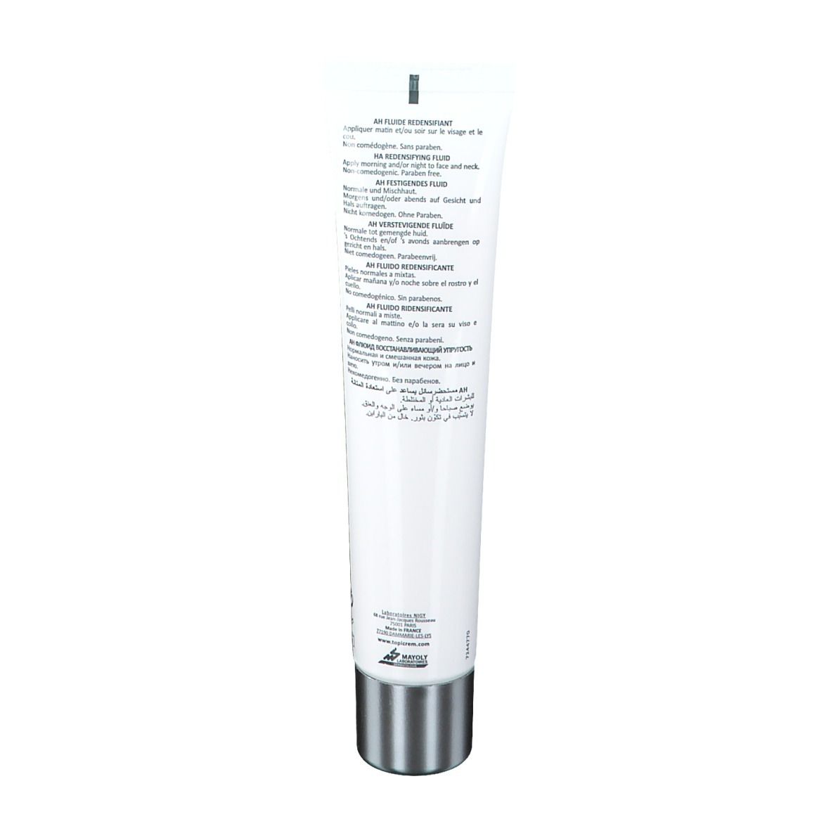 Dos du tube blanc. Texte multilingue. Bouchon à vis argenté. Informations fabricant.