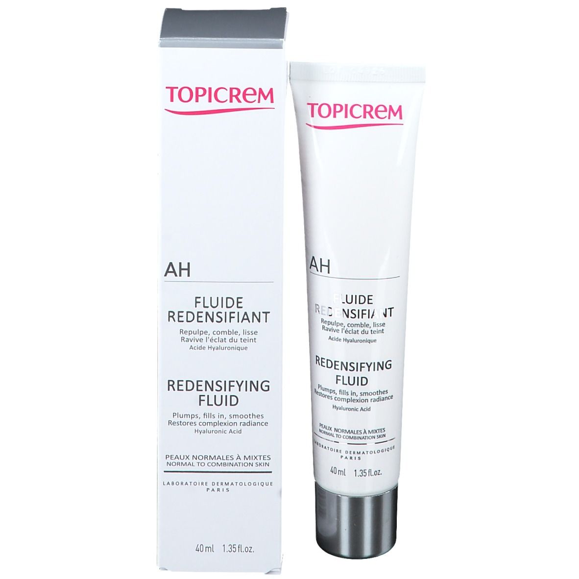Emballage du produit avec tube et boîte. Tube: blanc, bouchon argenté. Boîte: blanc, gris. Texte: TOPICREM, AH, Fluide Redensifiant.