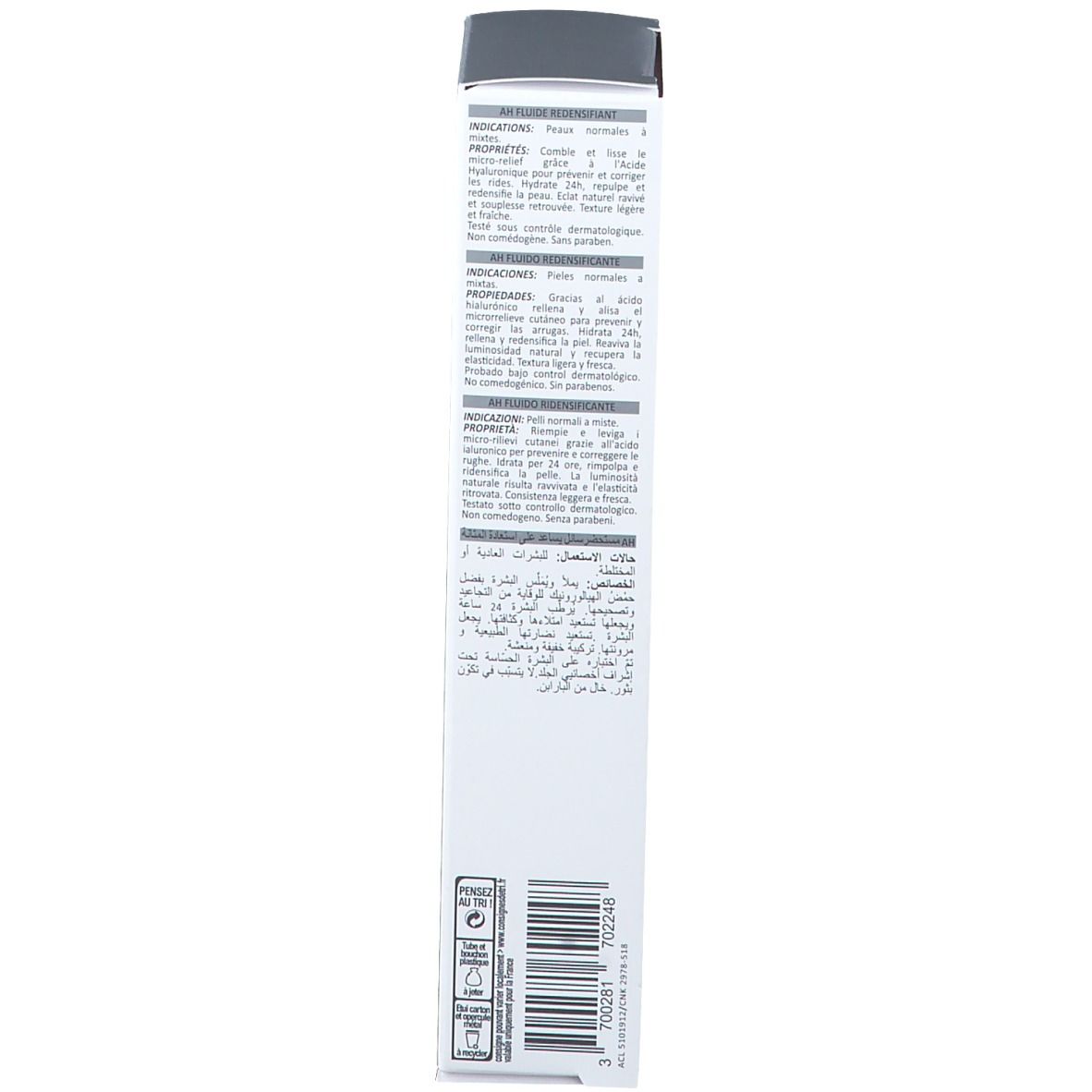 Dos de la boîte blanche. Texte multilingue. Informations fabricant. Code-barres.
