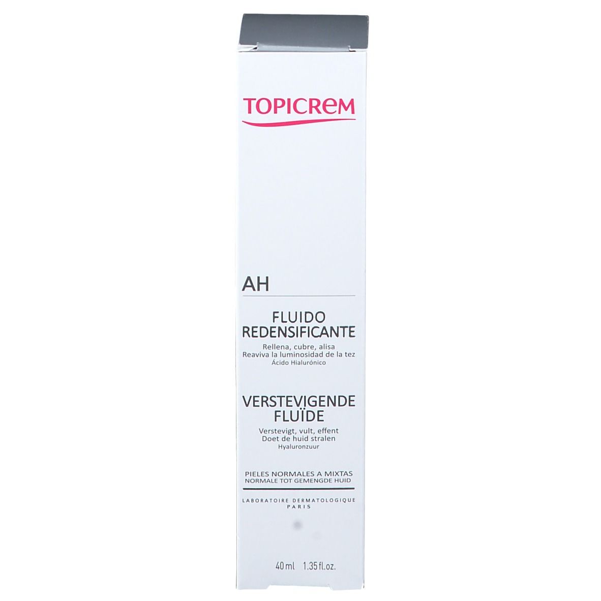 Boîte blanche avec couvercle gris. Texte: TOPICREM, Fluido Redensificante, Verstevigende Fluide. 40ml.
