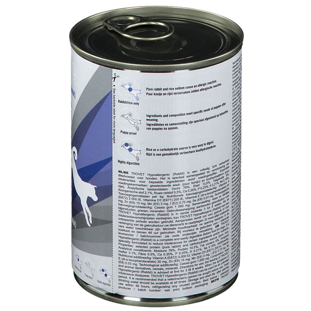 Boîte de nourriture pour chiens. Texte multilingue. Informations sur les ingrédients et la composition. Illustrations.