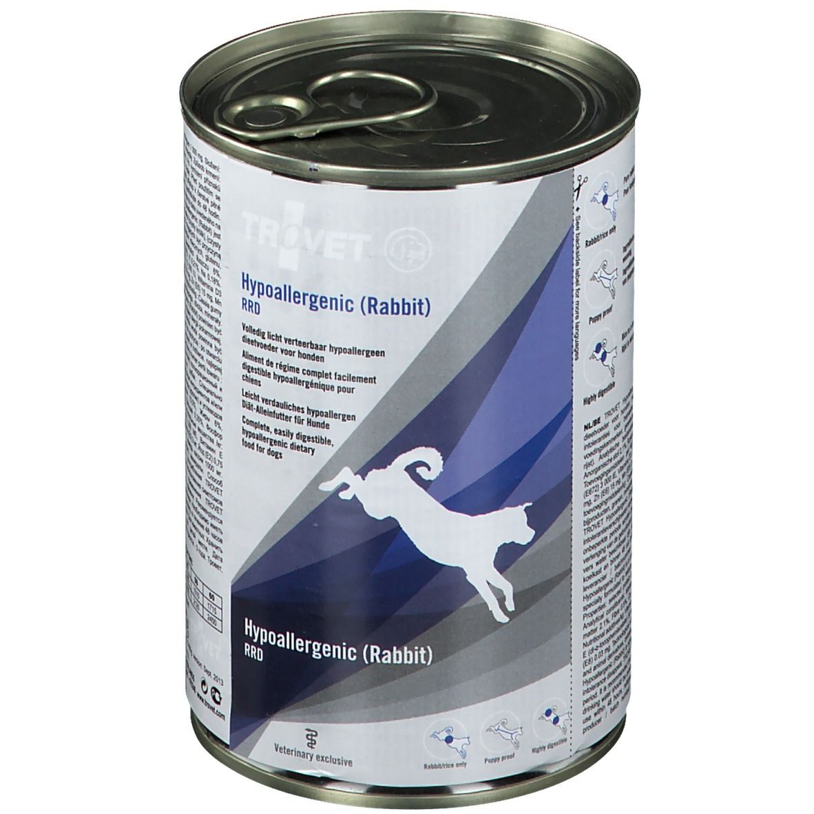 Boîte de nourriture pour chiens avec couvercle. Inscription : Hypoallergenic (Rabbit) RRD. Illustration d'un lapin. Texte multilingue.