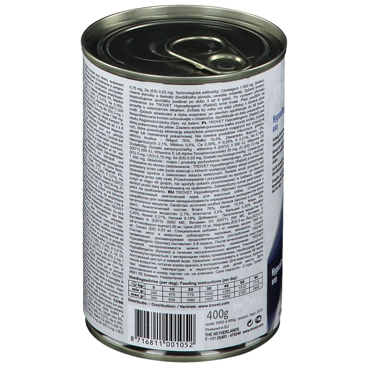 Boîte de nourriture pour chiens. Texte multilingue. Informations sur les ingrédients et la composition. 400g. Recommandations d'alimentation.