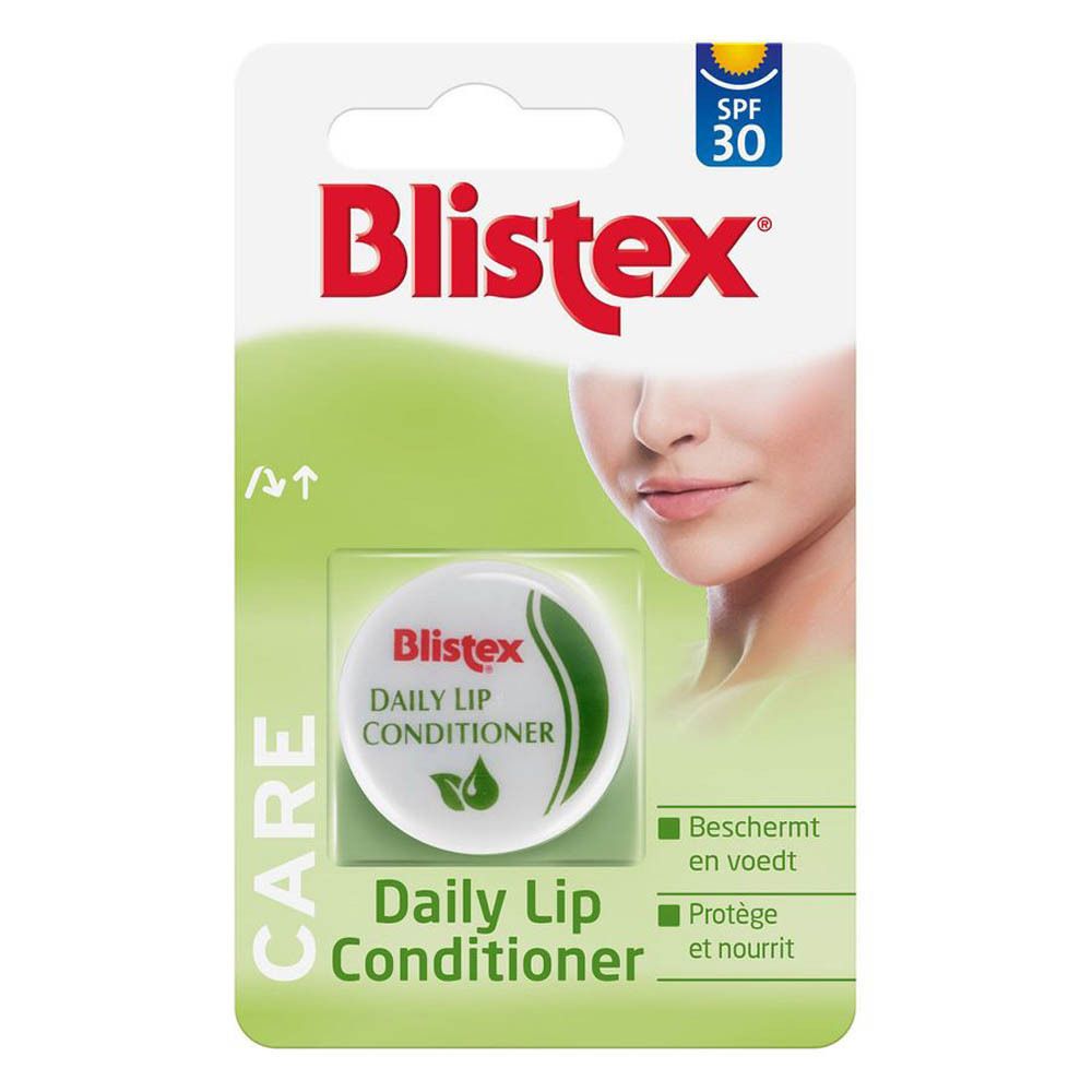 Blistex Daily Lip Conditioner en emballage blister. Couvercle avec nom du produit et SPF 30. Vert et blanc.