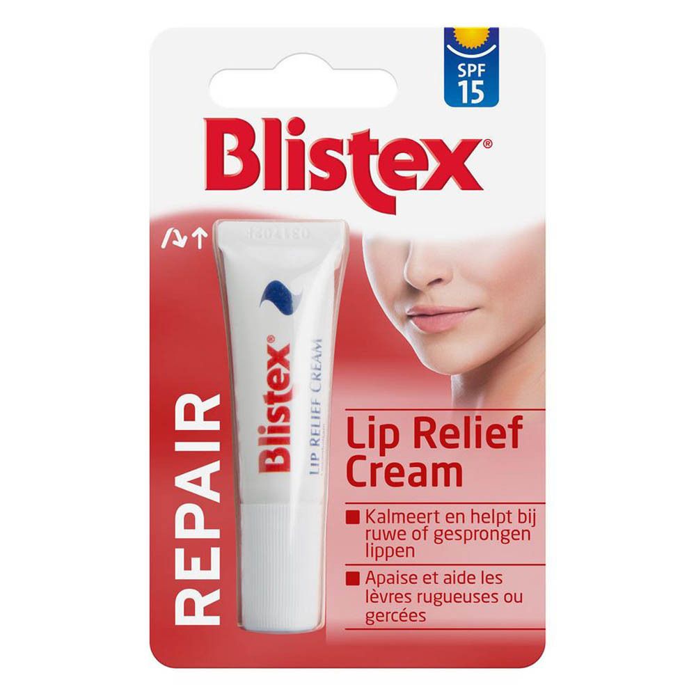 Emballage de Blistex Lip Relief Cream. Tube avec texte rouge et SPF 15. Visage d'une femme imprimé.
