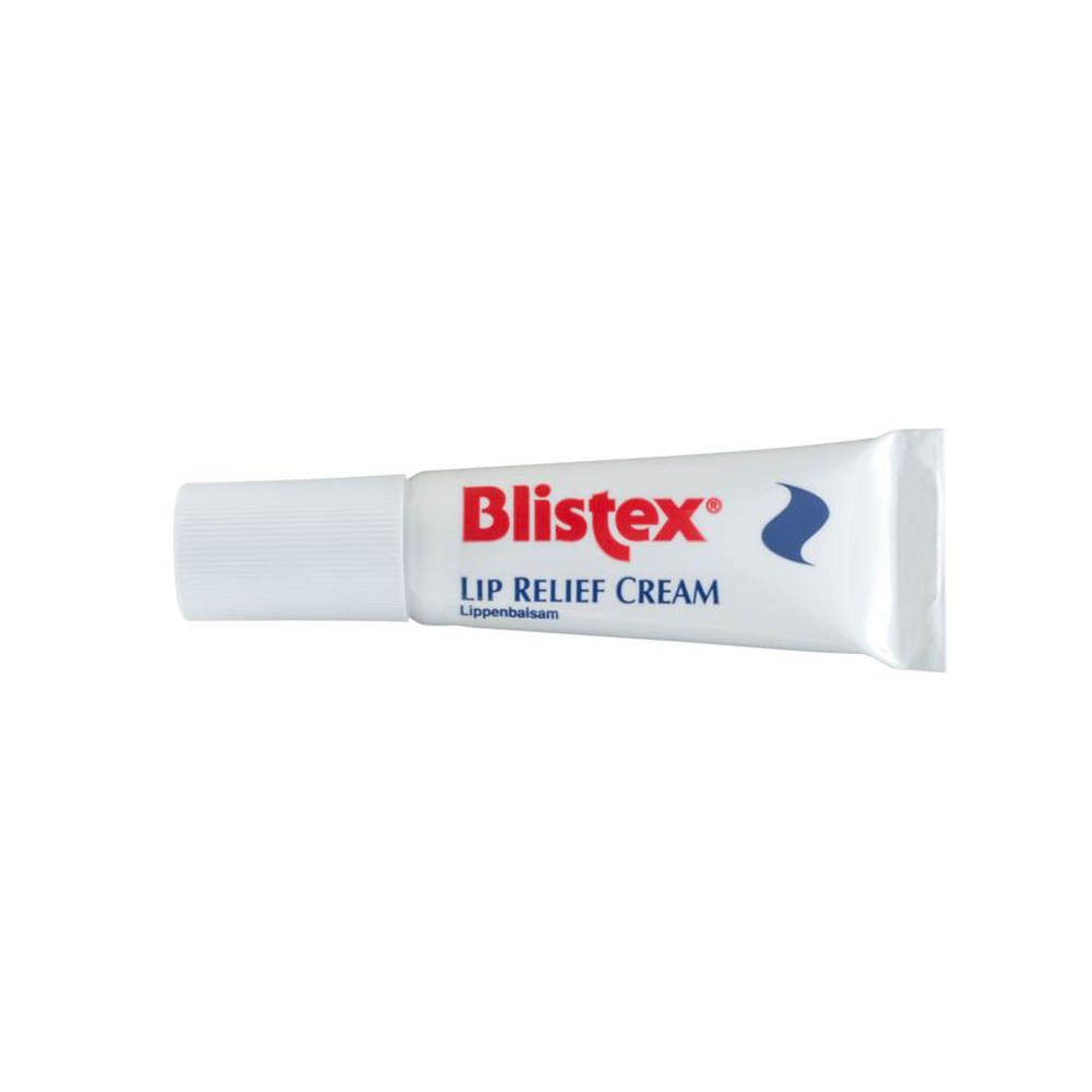 Tube de Blistex Lip Relief Cream. Blanc avec texte rouge. Vague bleue. Nom du produit et marque visibles.